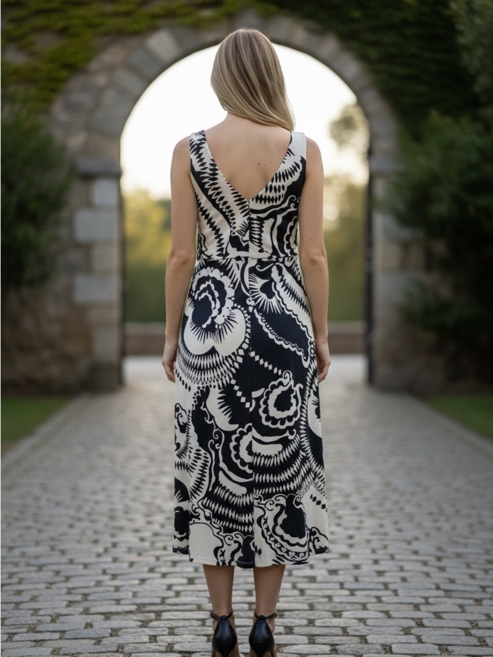 Calvin Klein Print V-Neck Satin Midi Cocktail Dress in Black/Soft White, Size 10 - Picture 2 of 9